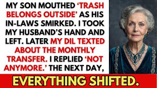 My Son Whispered “Trash Belongs Outside” As His In-Laws Smirked — I Took My Husband’s Hand And.