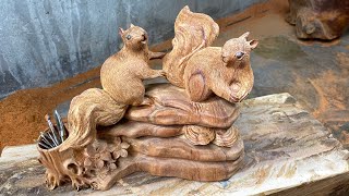 I Carve A Pair Of Squirrels from Discarded Wood !! | Tinh Woodworking Art