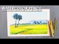 Watercolor Pencil Landscape Drawing : Paddy Field | step by step