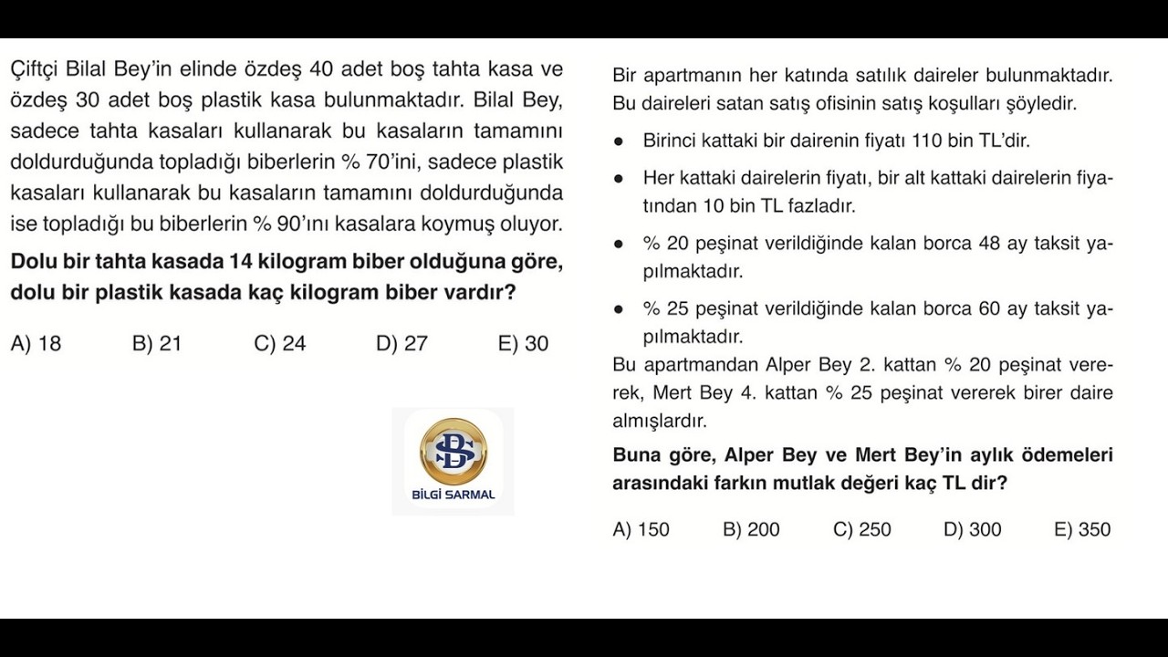 YÜZDE PROBLEMLERİYLE İLGİLİ İKİ GÜZEL BİLGİ SARMAL YAYINLARI SORUSU