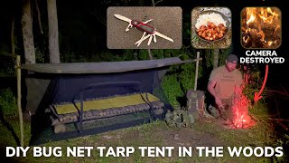 Solo Overnight Building a DIY Bug Net Tarp Tent in the Woods and Hibachi Chicken with Rice