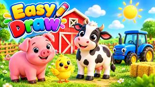 How to Draw a Farm: Pig, Cow, Chick and Tractor - Draw the Farm With Me! Easy Drawing Tutorial