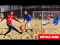 BEACH SOCCER CHALLENGE vs ENGLAND PLAYER !? (CRAZY BICYCLE KICK GOALS)