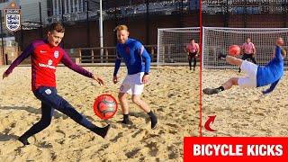 BEACH SOCCER CHALLENGE vs ENGLAND PLAYER !? (CRAZY BICYCLE KICK GOALS)
