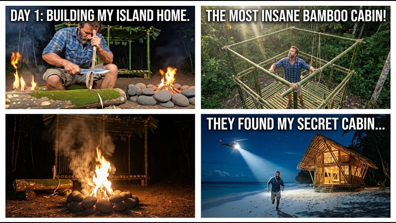 Man Alone on a Desert Island – Primitive Bamboo Survival Shelter Build (ASMR 3D Sounds)