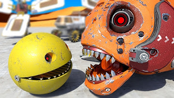 Pacman, Mecha Dog, and Gladiator Robot Take on Desert Worm and Flying Robot in a Thrilling Escape