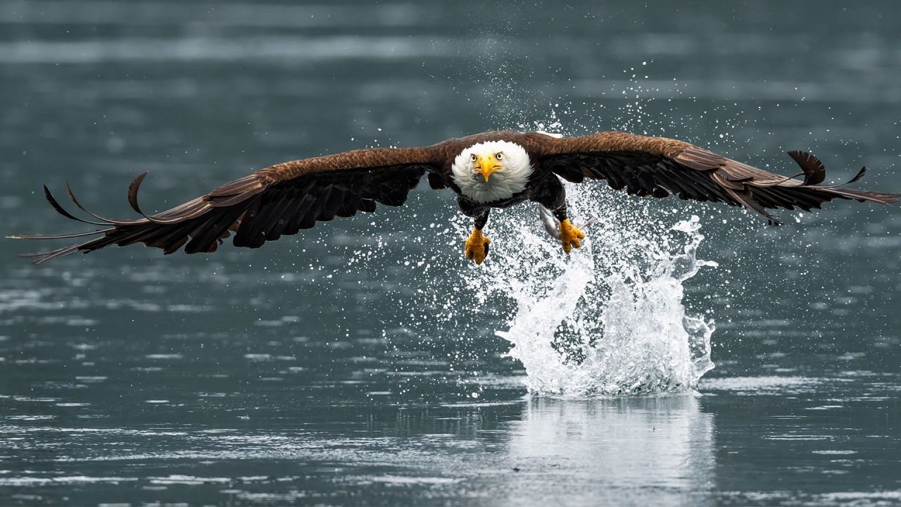 Bald eagle splashing into water to grab a fish