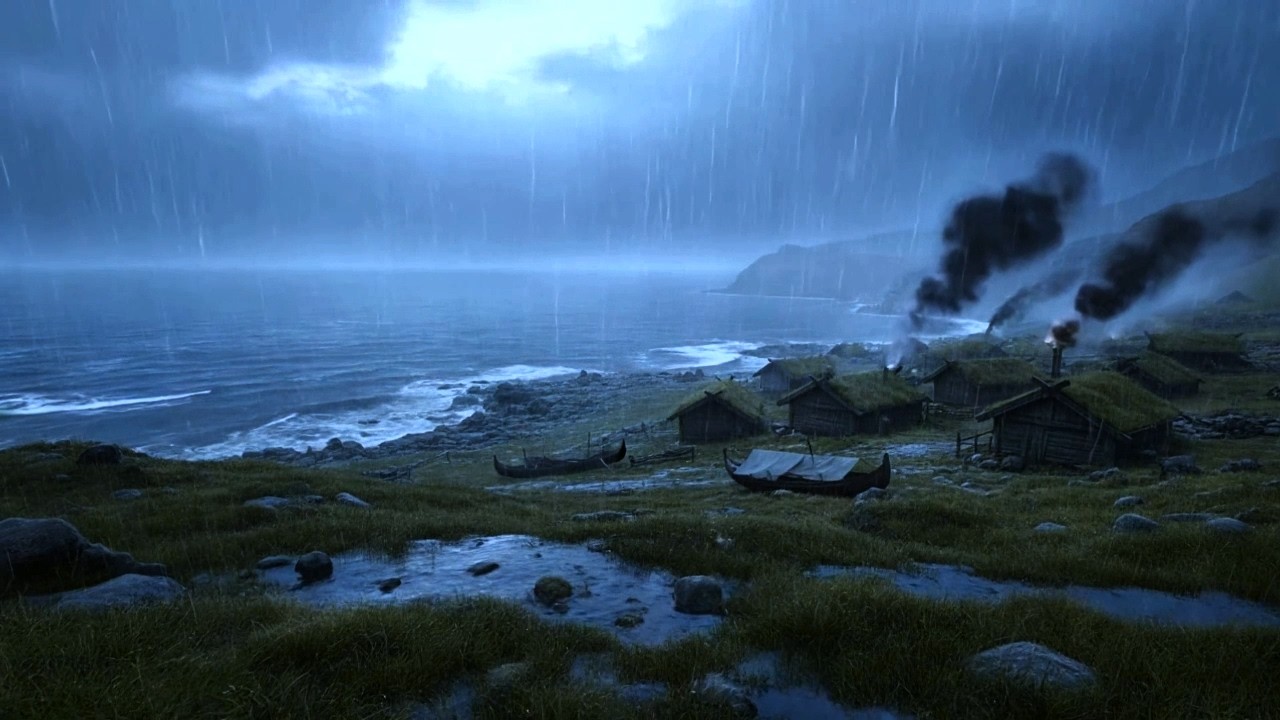 Viking Coastal Village Ambience 🌊 Rain & Ocean Sounds for Relaxation | Evening Atmosphere