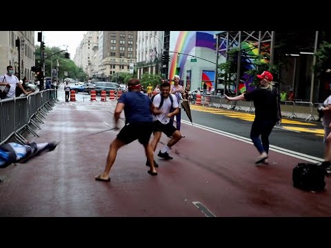 Heated exchanges as Donald Trump supporters protest BLM mural outside Trump Tower