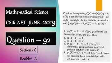 CSIR NET MA June 2019 | Question 92 | ODE |  Second Order Differential Equation | Wronskian