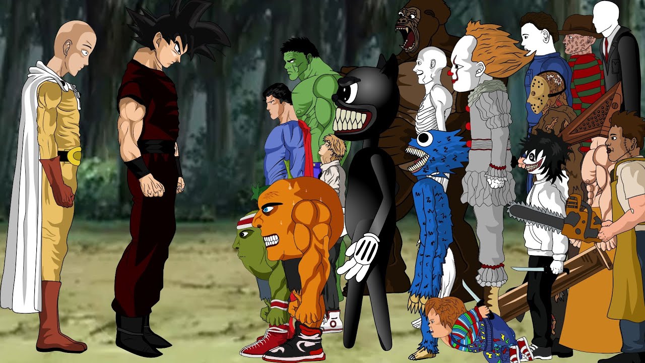 Goku - Saitama New VS Udin Din Din Dun,Pennywise,Jason,Chucky,Huggy Wuggy,CartoonCat,Scp096,kingkong