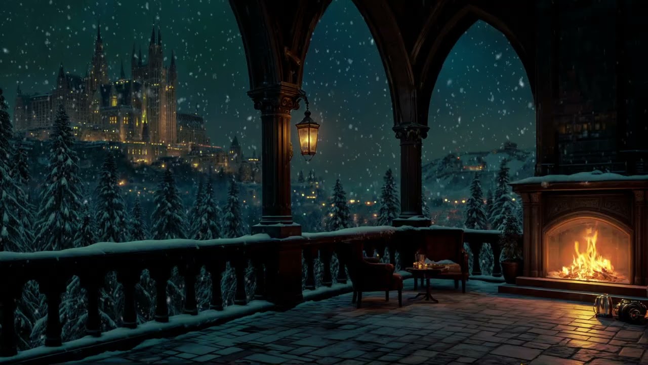 Snowy Castle Terrace ❄️🕯️ | Cozy Fireplace & Winter Night Ambience for Sleep & Relax