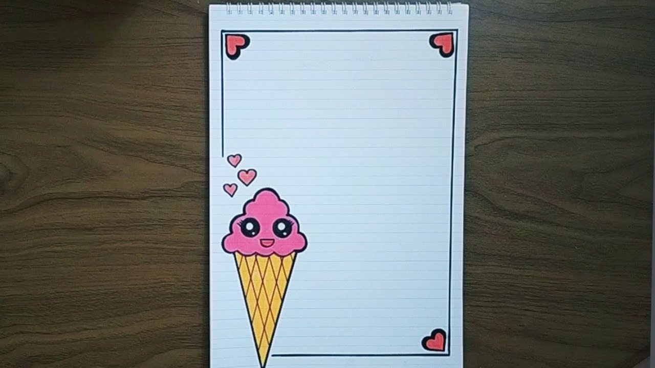تزيين الدفتر | تزيين دفتر على شكل ايس كريم|رسومات لتزيين الدفاتر | easy notebook border design