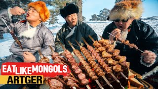 Mongolian Wrestlers Eating SHORLOG Meat on Frozen Steppe - Mukbang Style | Eat Like Mongols