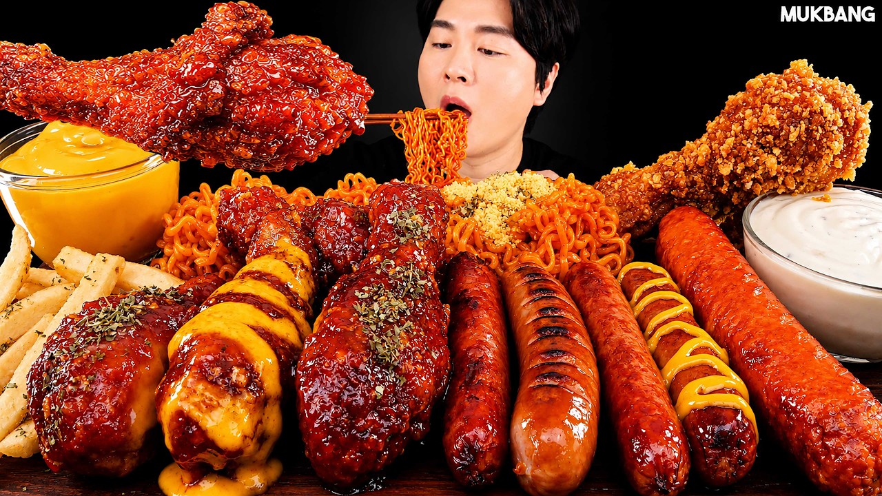 ASMR MUKBANG | Fried Chicken, Sausage, Fire Noodles, French Fries EATING SOUND