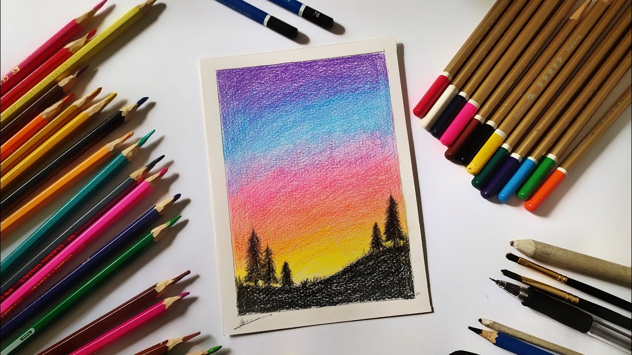 رسم سهل | رسم منظر طبيعي بالالوان الخشبية بالخطوات | تعليم الرسم - Landscape painting