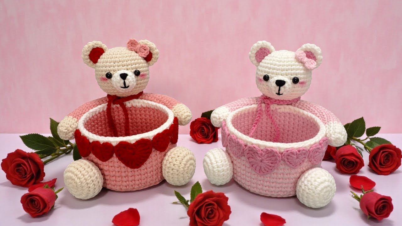Perfect Ideas for Valentine Decoration / Gift ❤️ Crochet Bear Basket Decorated with Hearts ❤️