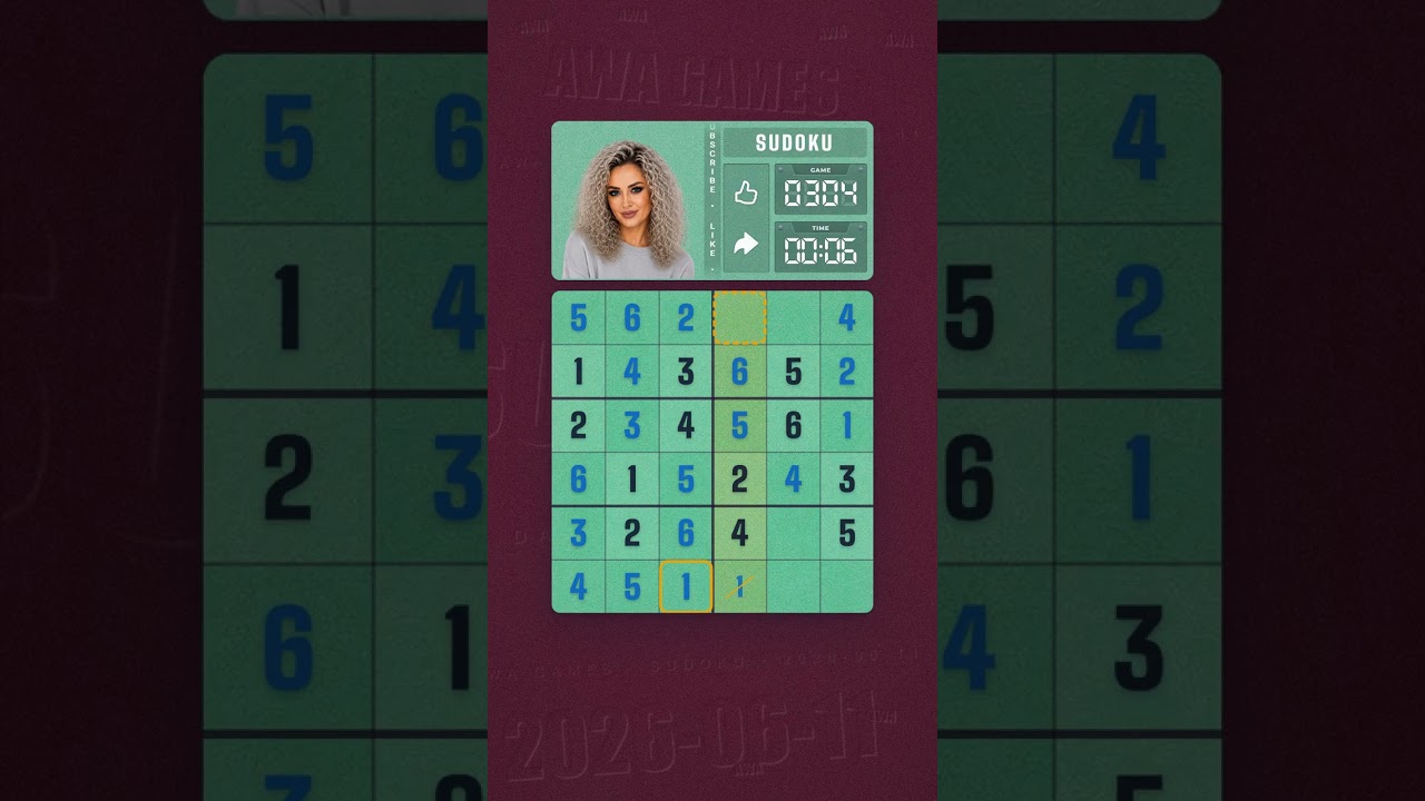 LinkedIn Mini Sudoku #304 solved board for June 11, 2026, 6x6 grid