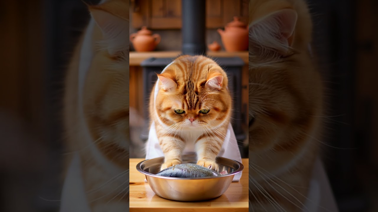 The orange cat is cooking. 