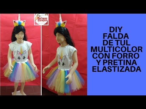 DIY. Disfraz de UNICORNIO. FALDA de TUL de colores con forro y pretina elastizada niña. Unicorn tutu