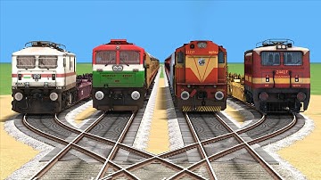 4 TRAINS CROSSING ON BUMPY FORKED RAILROAD CROSSING | Train Simulator | Trains Railroad #railroad