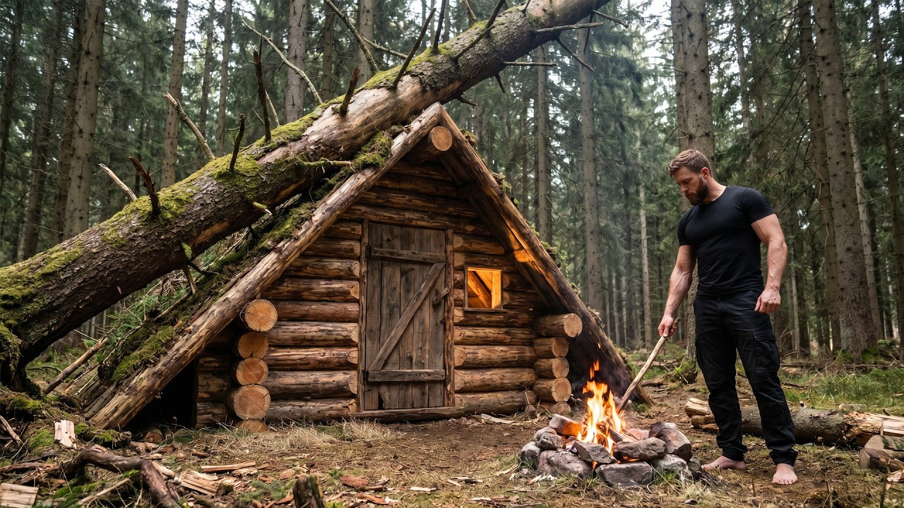 Building a Warm A-Frame Survival Shelter in the Forest - YouTube