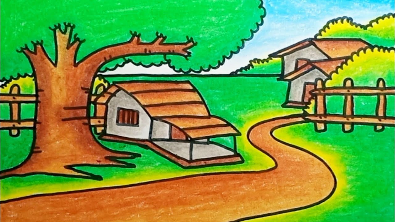 How to Draw a Simple Village Scenery | Step by step drawing of Scenery with  colour pencil - YouTube