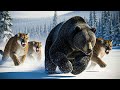 Wildlife Survival in Snow: Cougars Chasing a Black Grizzly Bear