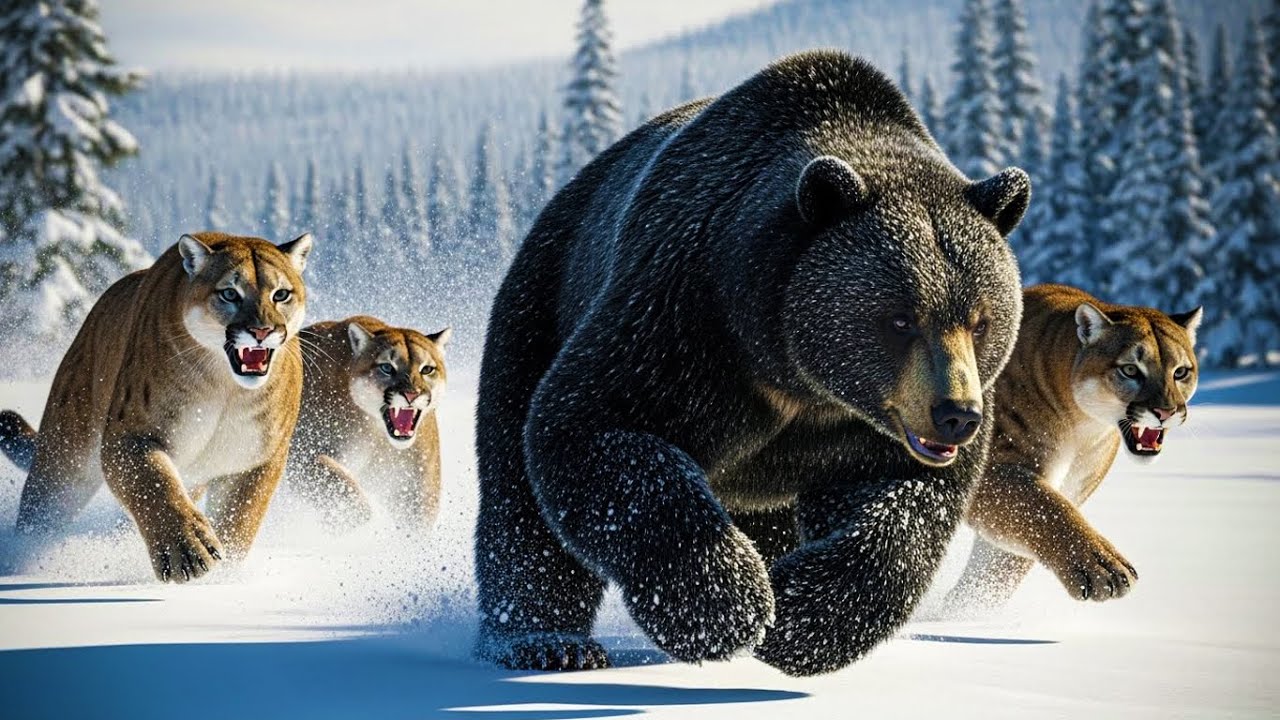 Wildlife Survival in Snow: Cougars Chasing a Black Grizzly Bear