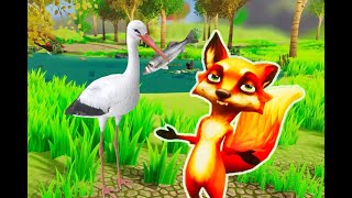 La zorra y la cigüeña cenando juntas, animación 3D de la fábula