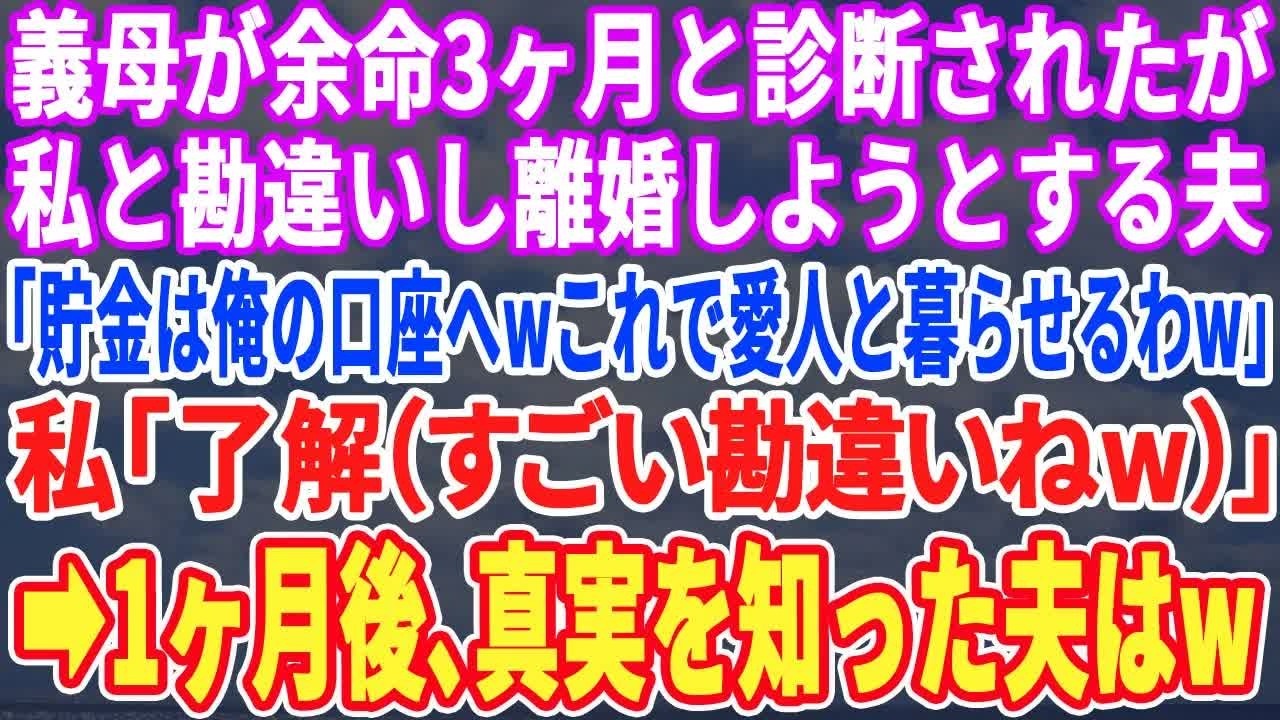 【スカッとする話】私が余命3ヶ月と勘違いし離婚しようとする夫「遺産は俺の口座へｗこれで愛人と暮らせるわw」私「分かりました（すごい勘違いねw）」→1ヶ月後、真実を知った夫はw【スッキリ・感動・最新】