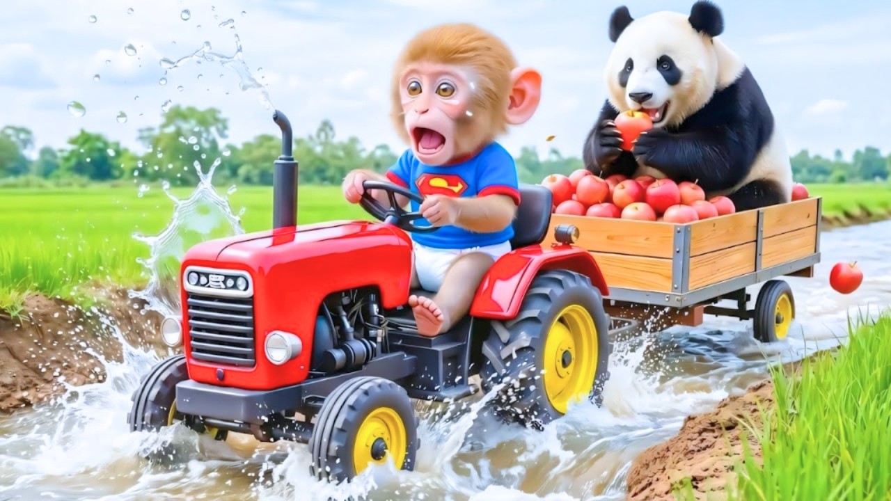 Monkey Farmer a Tractor to Harvest and Saves a Panda from Drowning in a ...