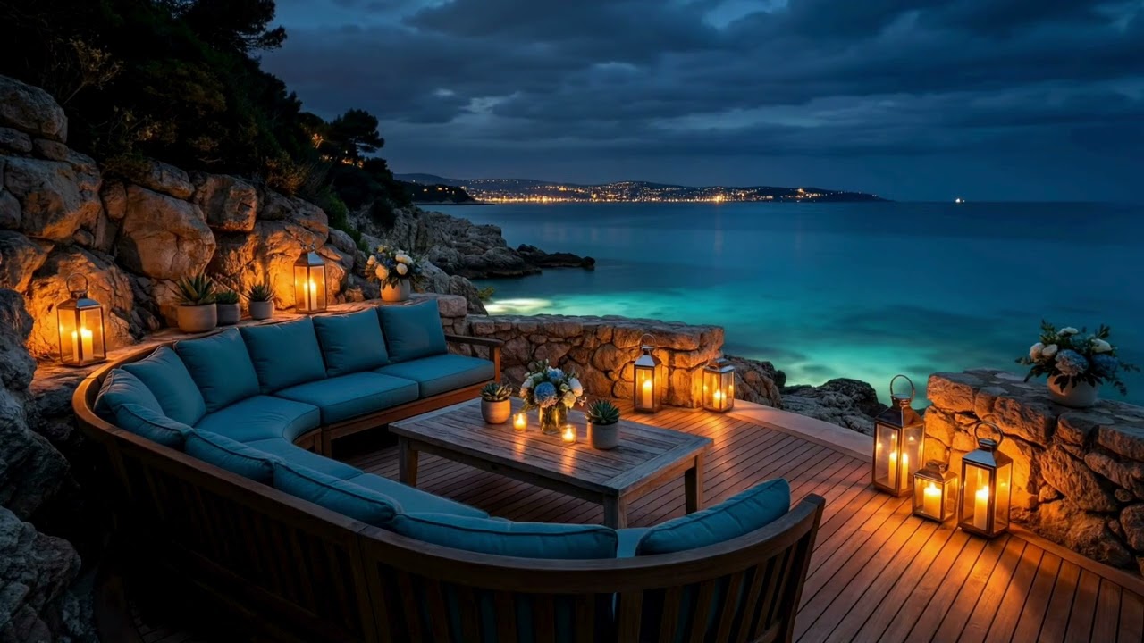 4K Mediterranean Cliffside Night Ambience 🌙 Luxury Ocean Lounge Relaxation