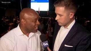 Denver Mayor Michael Hancock talks to Kyle Clark after being reelected