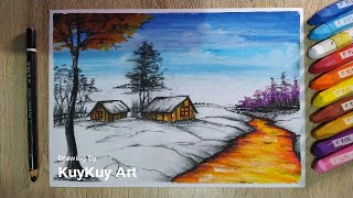 Menggambar Pemandangan Musim Salju Step by Step - Crayon Oil Pastel ||Drawing for Beginner