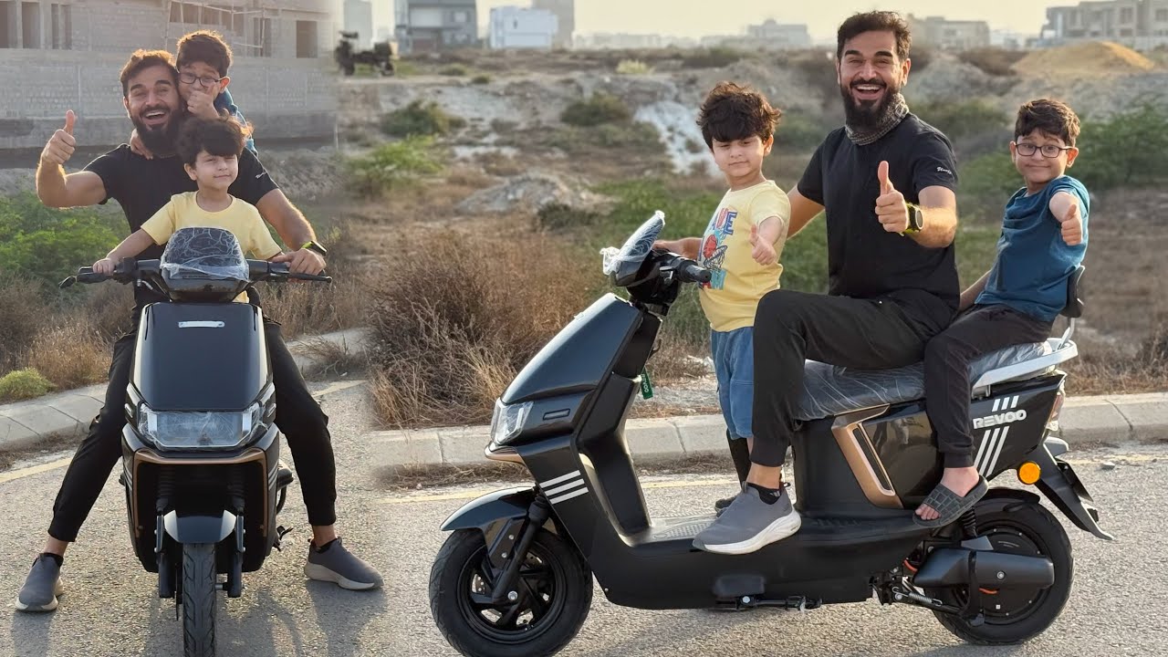 Electric bike ki pehli ride karne nikal gae bachon ke sath 😍
