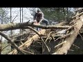 DANGEROUS TREE REMOVAL ......... storm damage trees on a cabin roof