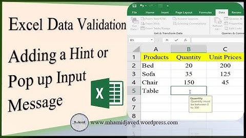 Excel data validation - How to add a hint or pop up input message