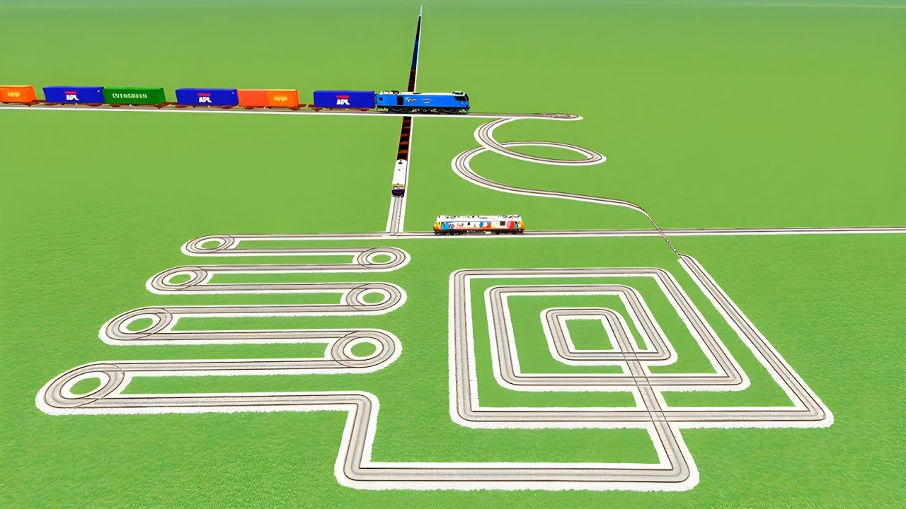 💘THREE TRAINS CROSS ON RISKY SQUARE ROUND CIRCLE SNAKE🐍TRACKS RAILROAD RAILWORK BEANG