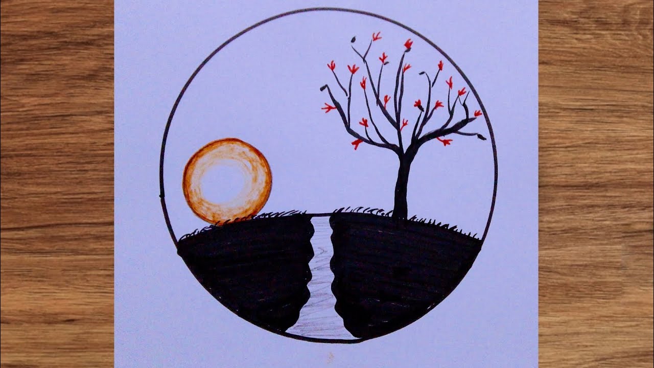 رسم منظر طبيعي جميل lرسم بقلم اسود للمبتدئين  خطوه بخطوه l رسم منظر طبيعي