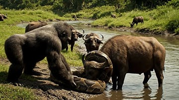 Gorilla Rescue Buffalo from python #life #aninmalslife #animals