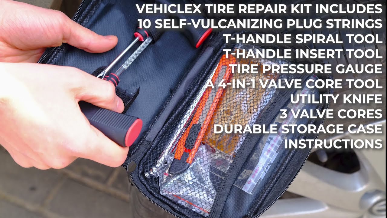 Vehiclex Compact Tire Repair Kit, Main Robust Tools  Supplies for Flat Tire  Punctures Repair Vehiclex