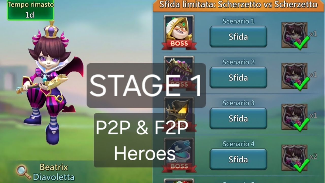 LordsMobile limited challeng: Trick vs Trick (Beatrix). Stage 1 with P2P and F2P heroes!!