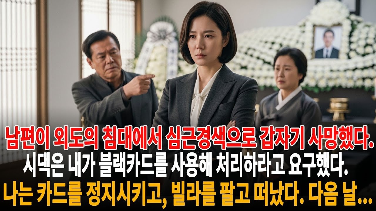 남편이 외도의 침대에서 심근경색으로 갑자기 사망했다  시댁은 내가 블랙카드를 사용해 처리하라고 요구했다  나는 카드를 정지시키고, 빌라를 팔고 떠났다  다음 날