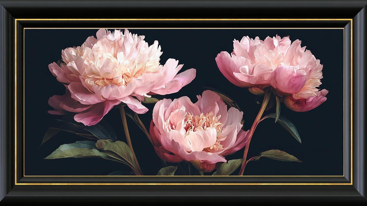 Floral Modern Framed TV Art Screensaver | Peonies Flower Framed Art | Black Gold Frame Spring Floral