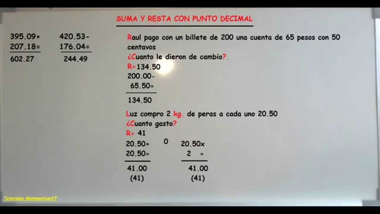 Suma y resta con punto decimal - YouTube