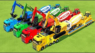 TRANSPORTING EXCAVATOR, MIXER TRUCK, BULLDOZER, POLICE CARS TO GARAGE WITH MAN TRUCK - FS22