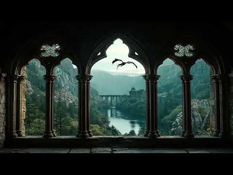 4K Rainy Medieval Castle Window View Dragon Flying Outside Cozy Thunderstorm Ambience 