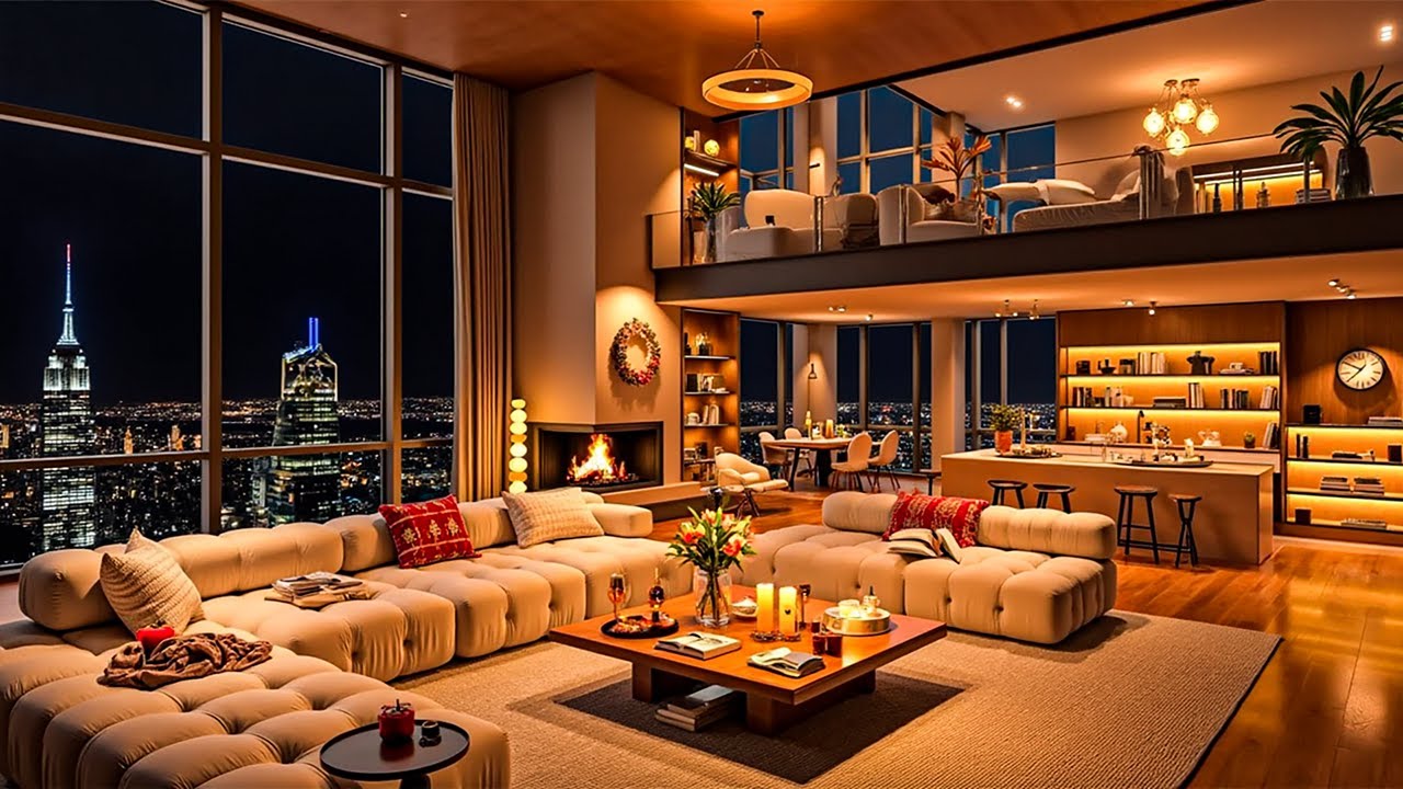 Image showcasing Luxury Penthouse Night Ambience Cozy Fireplace & City View | Relaxing ...