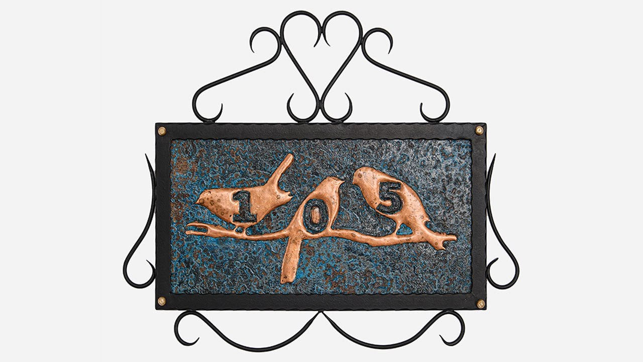 Copper House Sign for Wall (Personalized, Birds on Branch, Blue Patina)